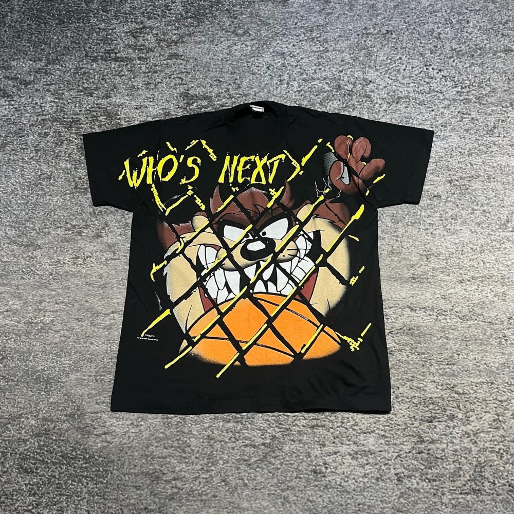 Vintage 90s Taz Looney Tunes T Shirt Black Mens Large Big Print AOP Basketball
